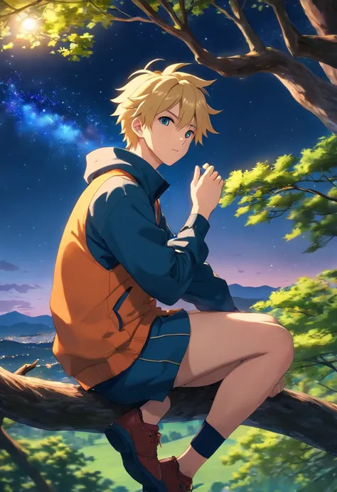 (best quality,4k,8k,Altas,master part:1.2),ultra-detalhado,(Realistic,fotorrealista,photo-realistic:1.37), Naruto, ((masculino)), anime, Roupa laranja, blonde hair, Konoha headband, perched in a tree, looking at the starry sky of Konoha