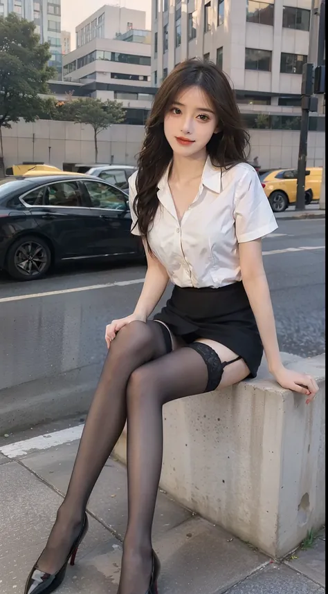 best qualtiy, Full body like，refined face，kawaii faces，25 years old female，slimfigure，Smaller bust，Office Lady Uniform，Office wear，black lence stockings，Outdoor Scene，sit pose，Yellow long hair