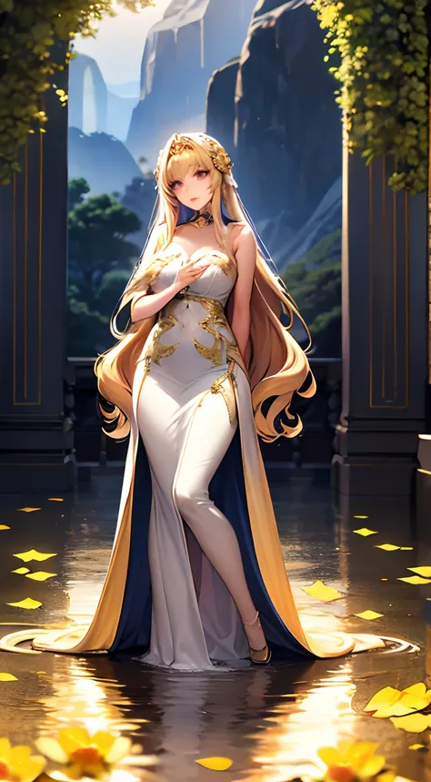 Standing water flows deeply，Um canto de vicissitudes， menina loira ，Deusa donzela ，Vestido simples branco liso，Golden-textured metallic petals Extremely straight long hair， Long-haired anthropomorphic golden plant ，spectacular scenery， Supercrescimento ，Th...