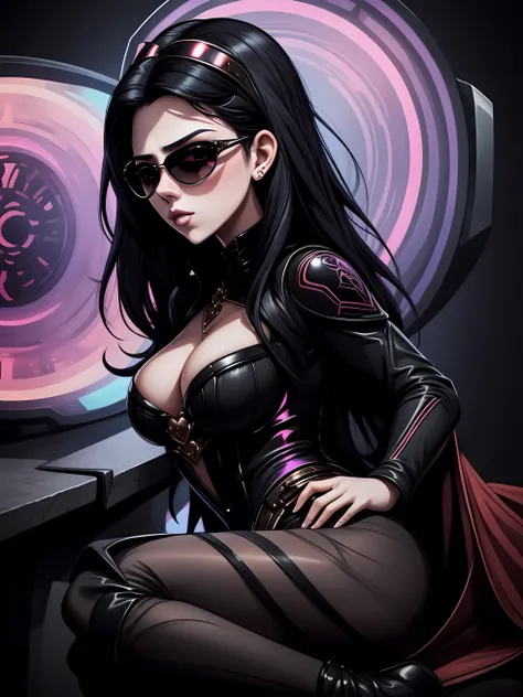 Portrait of an attractive beautiful woman with black hair with gothic costume, inspirada em "Scarlett Johansson"(altamente detalhado: 1.2), Hyper-detailed eyes and use of high-tech sunglasses with holographic display 1.2)