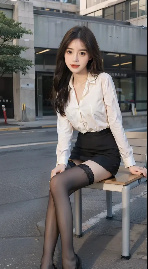 best qualtiy, Full body like，refined face，kawaii faces，25 years old female，slimfigure，Smaller bust，Office Lady Uniform，Office wear，black lence stockings，Outdoor Scene，sit pose，Yellow long hair