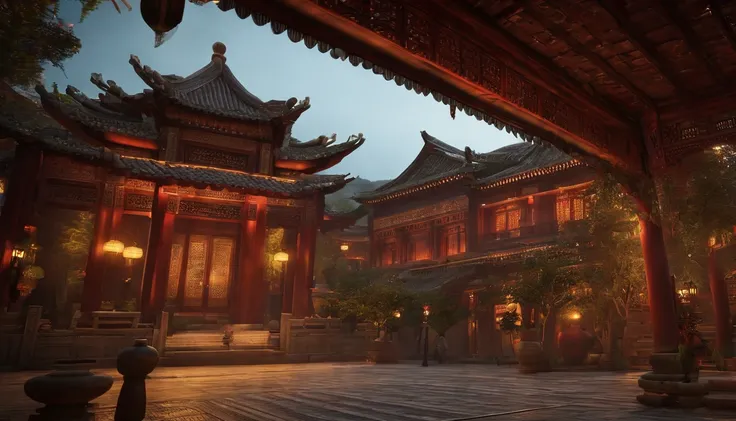 Arte Oficial, China antiga, Ruas Antigas, (Muitos vagalumes), (Noite), (lua), Luzes, Beautiful landscapes, epic landscapes, realistic lighting, Obras, alta qualidade, graphics beautiful, High detail, global ilumination, Unreal Engine Rendering, octane rend...