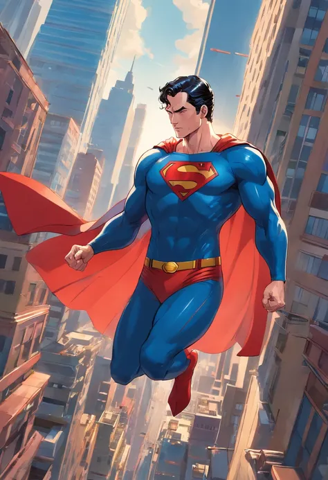 one muscle, Powerful Superman in a dynamic flying pose, with a confident and determined expression on his face. His iconic red and blue superhero costume is highly detailed, mostrando as texturas e contornos do tecido. As cores vibrantes do traje, includin...