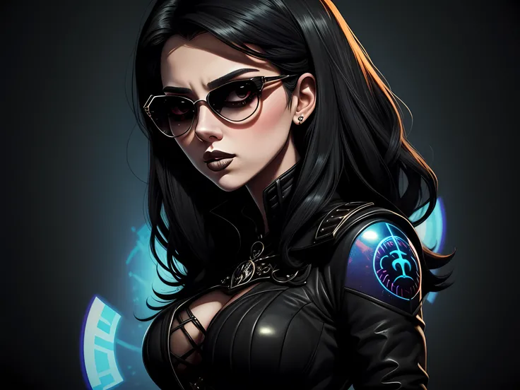 Portrait of an attractive beautiful woman with black hair with gothic costume, inspirada em "scarlett johansson"(altamente detalhado: 1.2), Hyper-detailed eyes and use of high-tech sunglasses with holographic display 1.2)