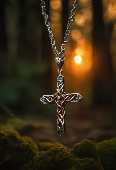 National Geographic photographic portrait of a silver chain with vibrant colors broken in the middle with fire intertwined in it with the image of a cross in the middle of the chain. Anatomia realista. cinematic  composition. Sunset and fire lighting, uma ...