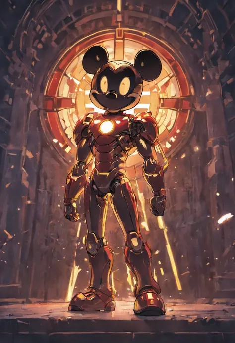 Mickey wearing a ironman suite, blue light