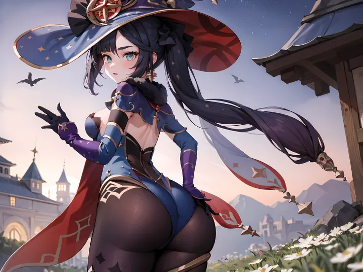 ultra detailed game CG, (High resolution:1.1), (absurderes:1.1), Best Quality, Ultra high definition, The highest resolution, Very detailed, Highly detailed face, 1girl in, Solo, Mona_Genshin, default_Dress, Witch Hat, Twin-tailed, Ass, From below, Meadow ...