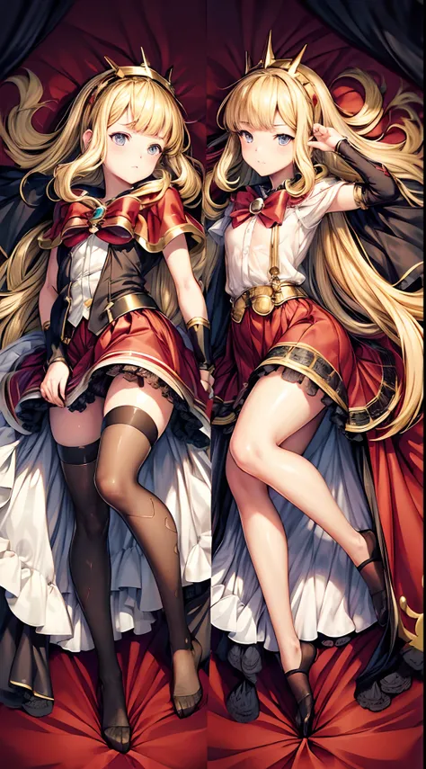 masterpiece, best quality, (dakimakura:1.6), laying on side, laying on back, petite, flat, full body, Cagliostro, long hair, blond, CagliostroBase, hairband, crown, black thighhighs, red bow, red skirt, cape