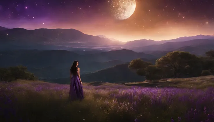 (masterpiece, top quality, best quality, official art, beautiful and aesthetic:1.2), girl, detailed face, long black hair, full body, violet blouse and pants, celestial, cosmic, extremely beautiful, high detailed, (galactic in background), luminous effects...