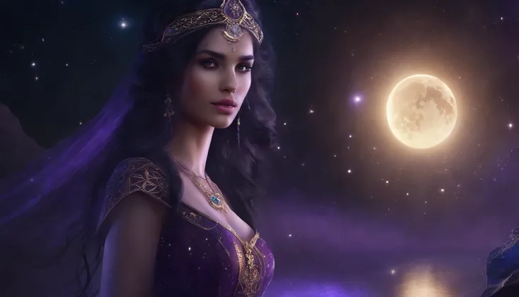 (masterpiece, top quality, best quality, official art, beautiful and aesthetic:1.2), girl, detailed face, long black hair, full body, violet blouse and pants, celestial, cosmic, extremely beautiful, high detailed, (galactic in background), luminous effects...