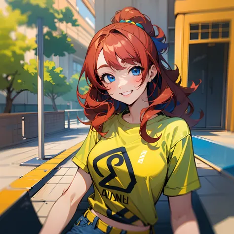 Image of a young 18-year-old anime girl named Rebecca. She has long, short, curly red hair, dark blue eyes and an infectious smile. She is dressed in a yellow t-shirt, black jeans and white sneakers. and is smiling. The image is detailed and colorful, with...