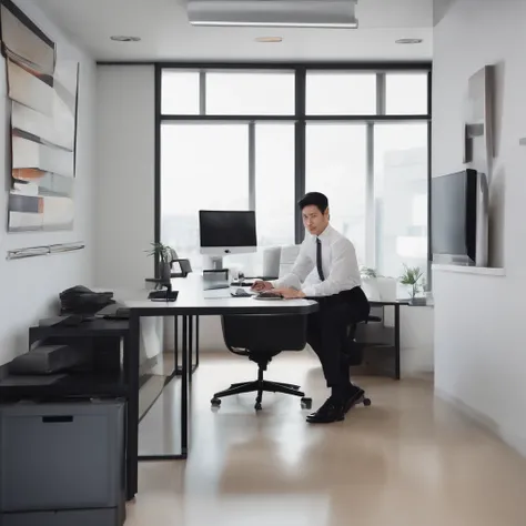 Japan Office　white walls　Two displays　Sitting at a desk　White shirt　neck tie　Black slacks　japanes　1 Male　frontage