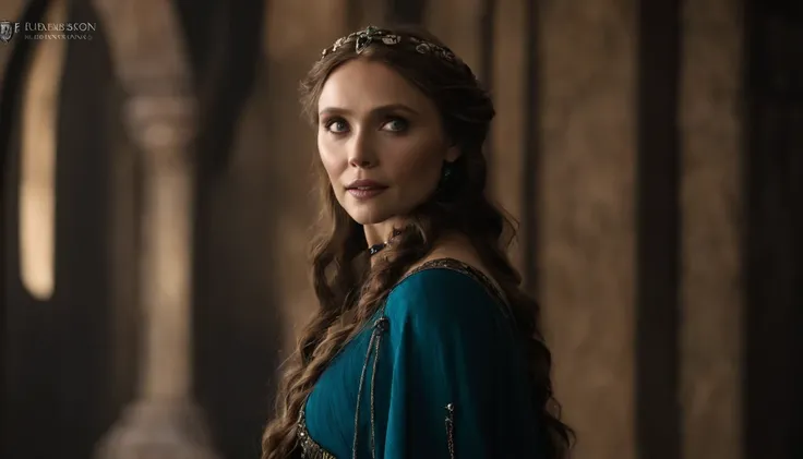 Elizabeth olsen como uma feiticeira rpg medieval,poderesa bruxa,com uma capa azul claro,e cabelos negros e ondulados e grandes,um vestido longo e olhos esmeralda. Dark mundo sombrio. Bruxa do mal.