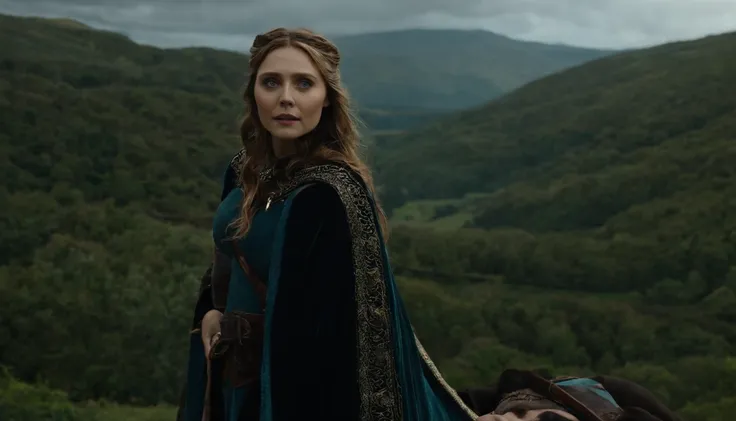 Elizabeth olsen como uma feiticeira rpg medieval,poderesa bruxa,com uma capa azul claro,e cabelos negros e ondulados e grandes,um vestido longo e olhos esmeralda. Dark mundo sombrio. Bruxa do mal.