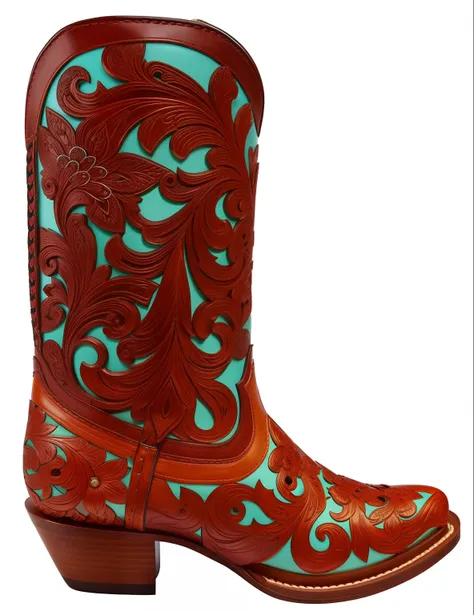 A pair of cowboy boots with floral motifs on the soles, Cowboy boots, Turquoise and Venetian red, Boots!!!!!!, intricately carved, Turquoise rust, Leather boots, wide leather boots, coloured in teal and orange, side view intricate details, intricate carvin...