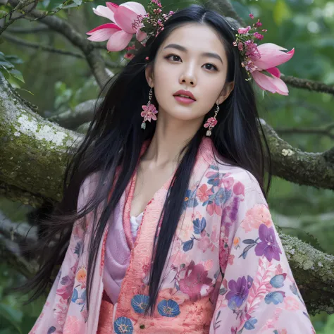 32K（tmasterpiece，k hd，hyper HD，32K）Long flowing black hair，ponds，zydink， a color， Aozhou people （Concubine girl）， （Purple silk scarf）， Combat posture， looking at the ground， long whitr hair， Floating hair， Carp pattern headdress， Chinese long-sleeved cloth...