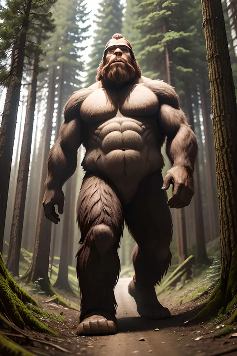 Sasquatch Bigfoot 15 feet tall in Pacific Northwest Forest hiding behind trees