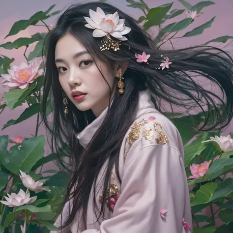 32K（tmasterpiece，k hd，hyper HD，32K）Long flowing black hair，ponds，zydink， a color， Aozhou people （Concubine girl）， （Purple silk scarf）， Combat posture， looking at the ground， long whitr hair， Floating hair， Carp pattern headdress， Chinese long-sleeved cloth...