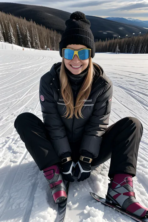 a beautiful, blonde, skiing woman wearing a beanie, ski goggles, ski outfit, is sitting on the snow resting and smiling, Style, (Warm tone, warm tone): 1.2), Close-up, cinematic light, side lighting, ultra high resolution, Best shadow, .RAW.