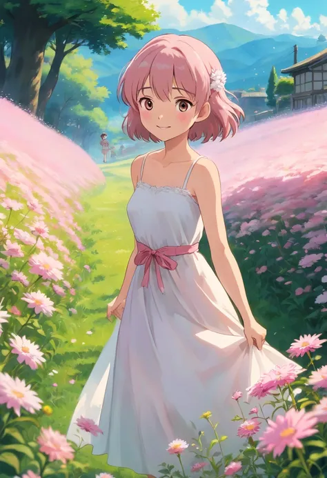 Best quality, masterpiece, ultra high resolution (photorealistic: 1.4), raw photo, 1 girl, white dress, bare shoulders, field of pink flowers in bloom, glowing skin, slight smile