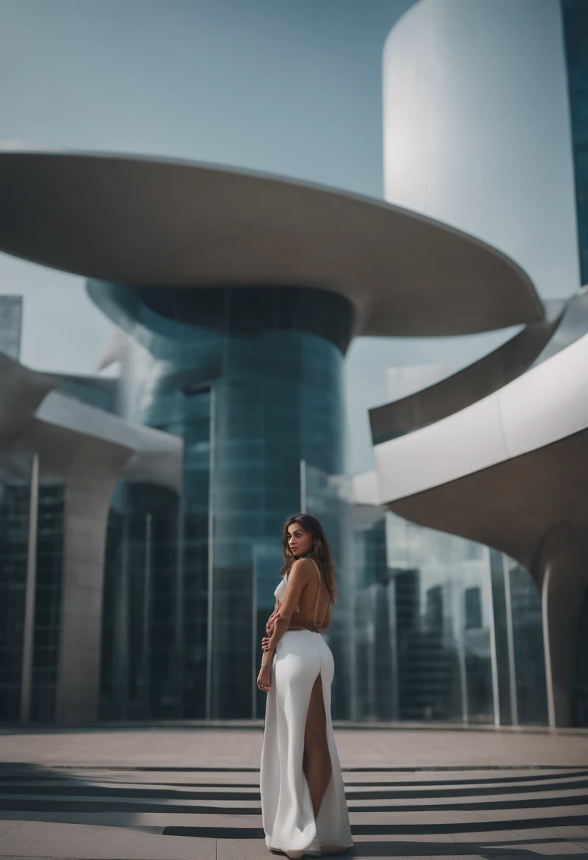 A young woman standing in the middle of a square in a futuristic city, curved buildings and avant-garde architectural designs, an atmosphere of innovation and progress, Photography, film camera with large aperture lens