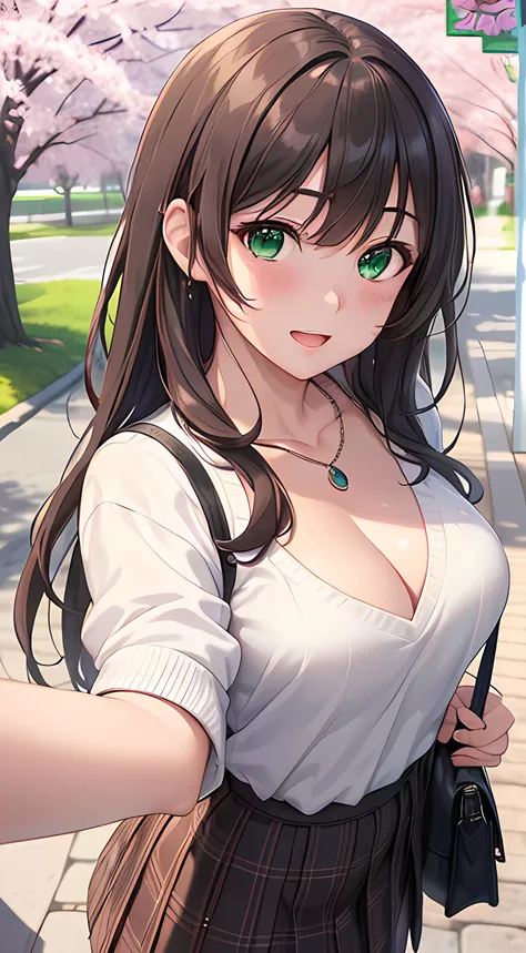 ((masterpiece, best quality, highres, UHD, perfect pixel, depth of field, 4k, RTX, HDR))), 1girl, single, solo, beautiful anime girl, beautiful artstyle, anime character, ((long hair, bangs, brown hair)), ((green eyes:1.4, rounded eyes, beautiful eyelashes...