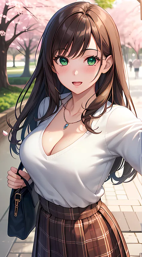 ((masterpiece, best quality, highres, UHD, perfect pixel, depth of field, 4k, RTX, HDR))), 1girl, single, solo, beautiful anime girl, beautiful artstyle, anime character, ((long hair, bangs, brown hair)), ((green eyes:1.4, rounded eyes, beautiful eyelashes...