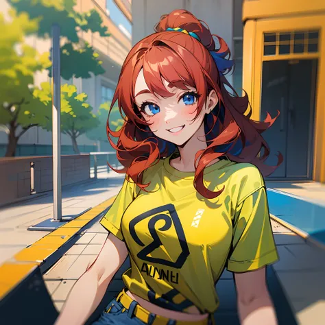 Image of a young 18-year-old anime girl named Rebecca. She has long, short, curly red hair, dark blue eyes and an infectious smile. She is dressed in a yellow t-shirt, black jeans and white sneakers. and is smiling. The image is detailed and colorful, with...