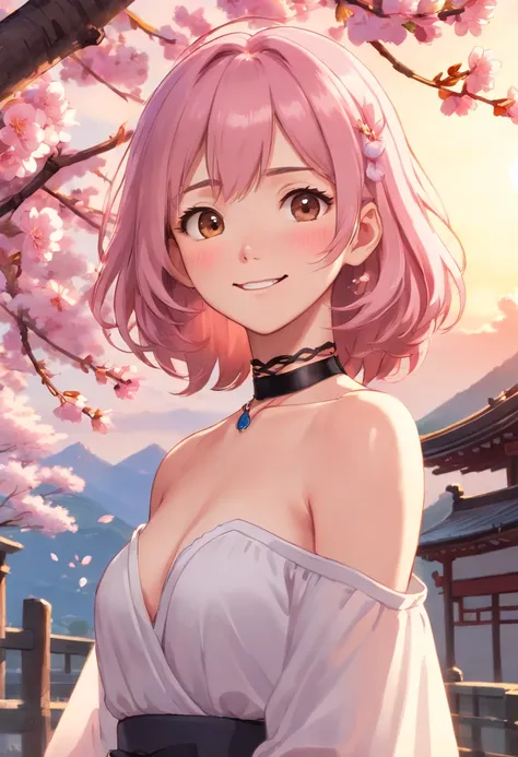 best quality, ultra high res, (photorealistic:1.4), 1girl, nude, small breast,pink nipples, black choker, smile, bare shoulders, solo focus, looking at viewer,fair skin,sunset,cherry tree,photon mapping, physically-based rendering, RAW photo, highly detail...