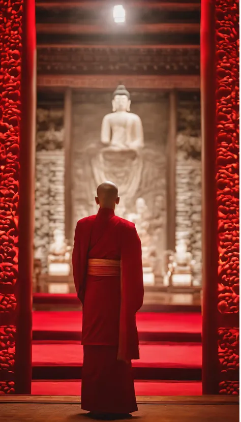 A small Taoist priest stands in front of a transparent red Buddha statue，Stretch your hands，Glow effects，Dingdall effect，depth of fields，high light，Real light，Ray traching，oc rendered，Hyper-realistic，best qualtiy，8K，Works of masters，super-fine，Detailed pub...