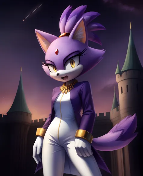 masterpiece, best quality, highres, blaze the cat, 1girl, gold necklace, white jumpsuit, animal_ears, closed_mouth, red forehead...