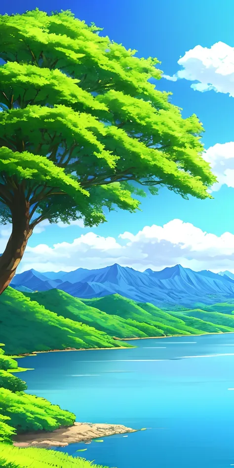 Anime landscape with a tree and a lake in the foreground, arte de fundo do anime, natureza anime, papel de parede de paisagem anime, scenery art detailed, fantasy tree, Anime Art Wallpaper 4K, Anime Art Wallpaper 4K, scenery artwork, Anime natureza Wallpap...