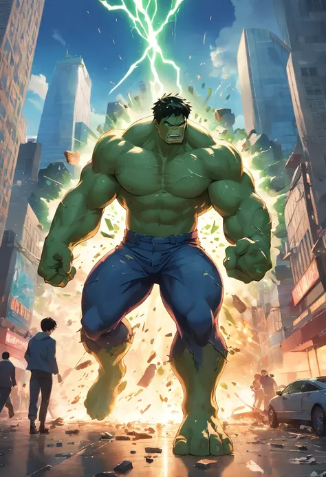 (best quality,4k,8k,Altas,master part:1.2),ultra-detalhado,(Realistic,fotorrealista,photo-realistic:1.37),Hulk,Quadrinhos da Marvel,corpo forte e musculoso,Roupas rasgadas,pele verde,angry expression,punhos cerrados,Massive appearance,poder destrutivo,marv...