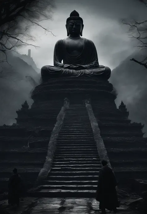 The artwork of the masterpiece is predominantly dark in style，In the distance stands a gorgeous black Buddha statue，Huge and awesome。Pilgrims on the road slowly advance along the stately stone steps，See this magnificent sight。The details are extremely deli...