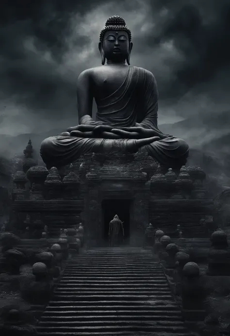 The artwork of the masterpiece is predominantly dark in style，In the distance stands a gorgeous black Buddha statue，Huge and awesome。Pilgrims on the road slowly advance along the stately stone steps，See this magnificent sight。The details are extremely deli...