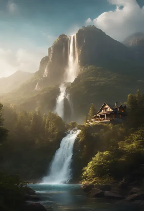 painting of a waterfall in a mountainous area with a house on the top, vertical wallpaper, 4 k vertical wallpaper, 4k vertical wallpaper, 8 k vertical wallpaper, 8k vertical wallpaper, ross tran. scenic background, beautiful mattepainting, 4 k matte painti...