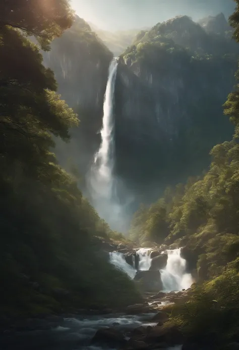 painting of a waterfall in a mountainous area with a house on the top, vertical wallpaper, 4 k vertical wallpaper, 4k vertical wallpaper, 8 k vertical wallpaper, 8k vertical wallpaper, ross tran. scenic background, beautiful mattepainting, 4 k matte painti...