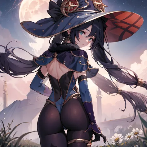 ultra detailed game CG, (High resolution:1.1), (absurderes:1.1), Best Quality, Ultra high definition, The highest resolution, Very detailed, Highly detailed face, 1girl in, Solo, Mona_Genshin, default_Dress, Witch Hat, Twin-tailed, Ass, From below, Meadow ...