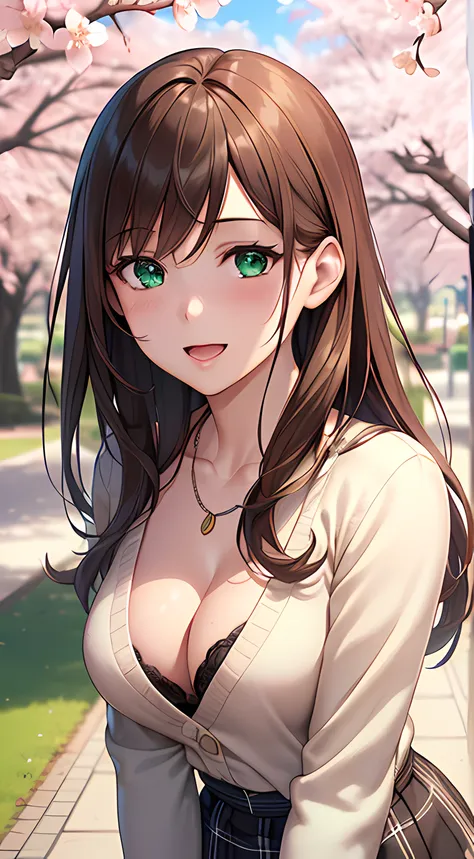 ((masterpiece, best quality, highres, UHD, perfect pixel, depth of field, 4k, RTX, HDR))), 1girl, single, solo, beautiful anime girl, beautiful artstyle, anime character, ((long hair, bangs, brown hair)), ((green eyes:1.4, rounded eyes, beautiful eyelashes...