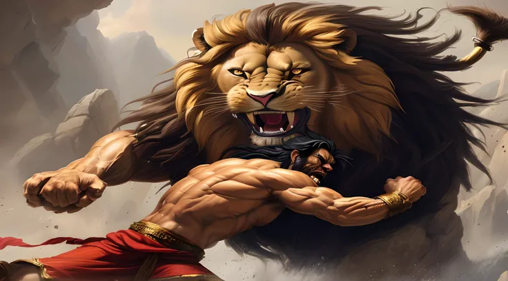 Samson is a character in the Bible, Samson is fighting a fierce Lion,  Samson is very angry and strong, Samson has an expression of hatred, Leo tem dentes muito afiados e olhos assustadores, Samson beats the Lion, maximum detail on your face, maximum detai...