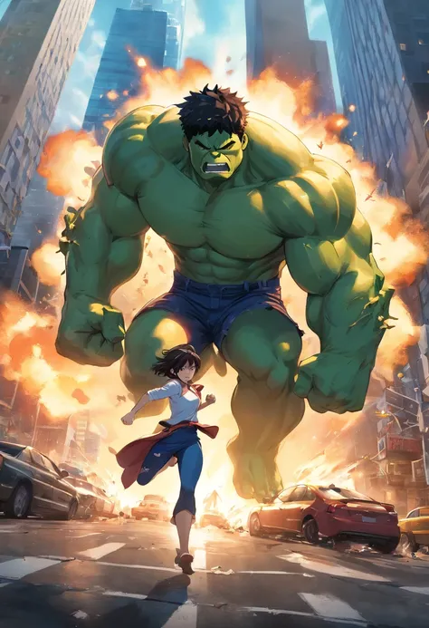 (best quality,4k,8k,alto,master part:1.2),ultra-detalhado,(Realistic,fotorrealista,photo-realistic:1.37),Hulk,quadrinhos da marvel,corpo forte e musculoso,roupas rasgadas,pele verde,angry expression,punhos cerrados,Massive appearance,poder destrutivo,marve...