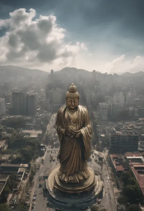 （The upper body of a giant tall Buddha statue in the distance：1.5，），（race
Bopunk city background：1.2），（真实感：1.4），（best qualtiy：1.0），（Super high ratings：1.0），8K， RAW photos，（tmasterpiece：0.2），ultra - detailed，(Pilgrims on the road：0.8)