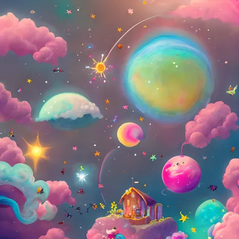 a wonderful happy fantasy planet with rainbows, cotton candy and cute animals