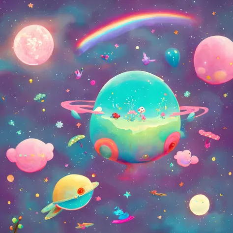 A wonderful happy fantasy planet with rainbows, cotton candy and cute animals