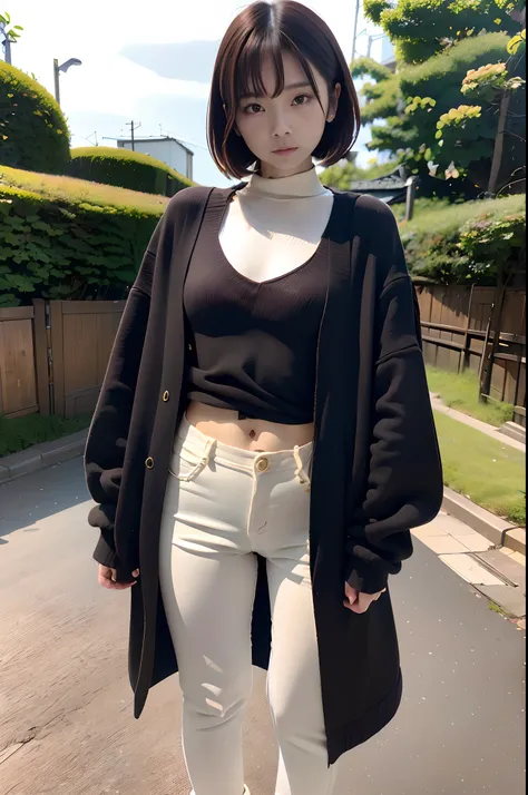 top-quality、masutepiece、8ｋ、Woman in big black jersey,The front of the jersey is open、You can see the clothes inside,Pale pink camisole,The navel is slightly visible, japanese streetwear, pastel goth aesthetic,Black skinny pants,Brown hair,a short bob,no-ma...