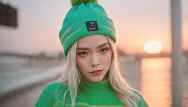 Blonde woman in a bright green hat and blue and yellow striped sweater, Dark neon punk, cl, Neon & Dark, e-girl, Rosanna Park BlackPink, e - girl, neon hair, Neon vibes, ulzzang, portrait of jossi of blackpink, Jossie from Blackpink, Billie Eilish, Lord Bi...