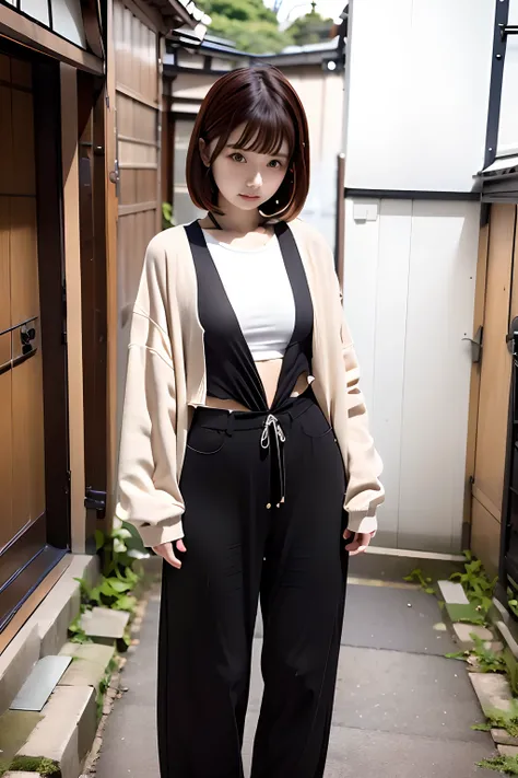 top-quality、masutepiece、8ｋ、Woman in big black jersey,The front of the jersey is open、You can see the clothes inside,Pale pink camisole,The navel is slightly visible, japanese streetwear, pastel goth aesthetic,Black skinny pants,Brown hair,a short bob,no-ma...