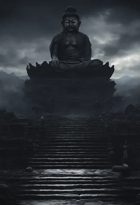 The artwork of the masterpiece is predominantly dark in style，In the distance stands a gorgeous black Buddha statue，Huge and awesome。Pilgrims on the road slowly advance along the stately stone steps，See this magnificent sight。The details are extremely deli...