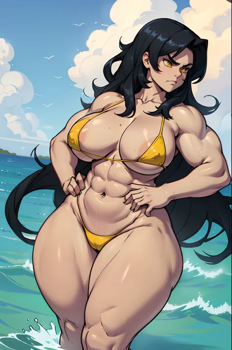 ((1 girl)), ((wide hips)), ((thick thighs)), ((curvy)), ((huge tits)), solo, ((((muscular)))), black hair, yellow eyes, angry, pale sin, micro bikini, water, very long hair