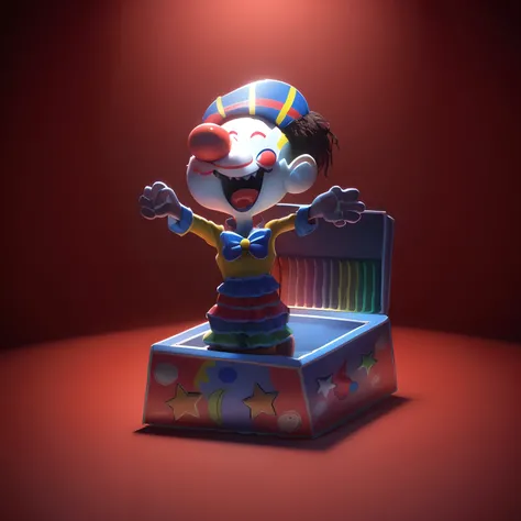 (melhor qualidade,4k,Realistic,Colorir,rosto sorridente,olhos felizes),Clown in a box, 3d